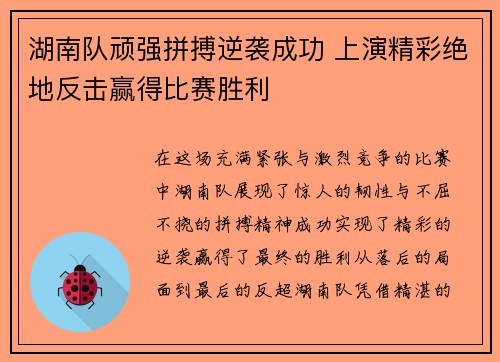 湖南队顽强拼搏逆袭成功 上演精彩绝地反击赢得比赛胜利