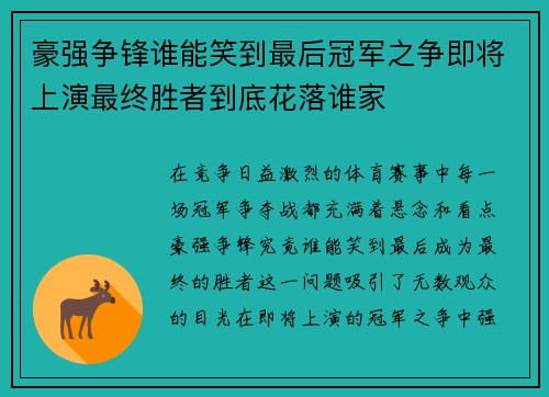 豪强争锋谁能笑到最后冠军之争即将上演最终胜者到底花落谁家